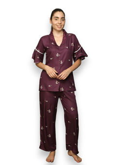 VIEVIANA - Women Printed Maroon Shirt & Pyjama (Set of 2)
