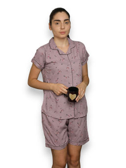 VIEVIANA - Women Printed Purple Night Suit (Set of 2)