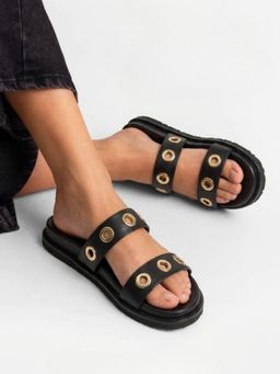 Viviblu - Black Leather Footbed Sandals