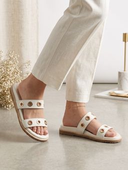 Viviblu - Women Off White Leather Footbed Sandals