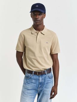 GANT - Men's Beige Solid Regular Fit Shield Pique Polo T-Shirt
