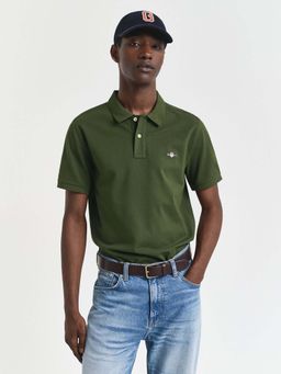 GANT - Men's Green Solid Regular Fit Shield Pique Polo T-Shirt