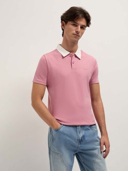 The Bear House - Men Pink Solid Pure Cotton Slim Polo T-Shirt