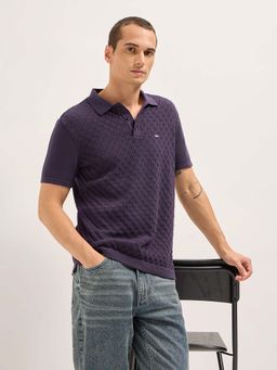 The Bear House - Men Purple Pure Cotton Textured Flat Knit Slim Polo T-Shirt
