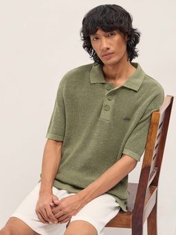 The Bear House - Men Green Pure Cotton Textured Flat Knit Regular Polo T-Shirt