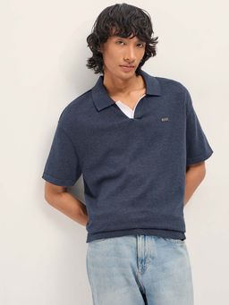 The Bear House - Men Blue Solid Cotton Relaxed Polo T-Shirt