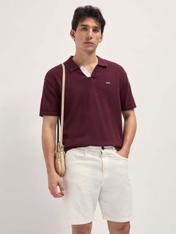 The Bear House - Men Maroon Solid Cotton Relaxed Polo T-Shirt