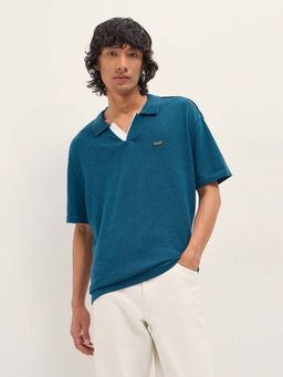 The Bear House - Men Teal Solid Cotton Relaxed Polo T-Shirt