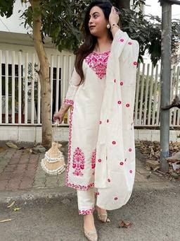 Gahan - Womens Cream Viscose Rayon Straight Embroidered Kurta with Pant & Dupatta
