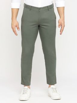 BASICS - Straight Fit Thyme Green Cotton Stretch Dobby Trousers