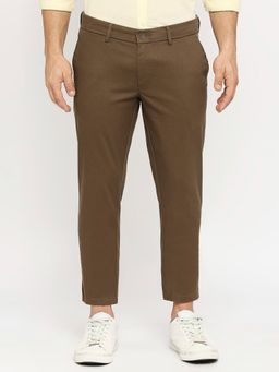 BASICS - Straight Fit Kangaroo Brown Cotton Stretch Dobby Trousers