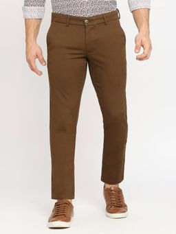 BASICS - Straight Fit Carate Brown Cotton Stretch Dobby Trousers