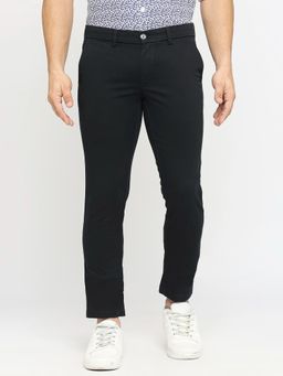 BASICS - Straight Fit Navy Blue Night Cotton Stretch Dobby Trousers