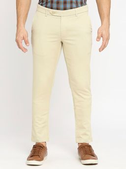 BASICS - Straight Fit Cream Wood Cotton Tencel Stretch Dobby Trousers