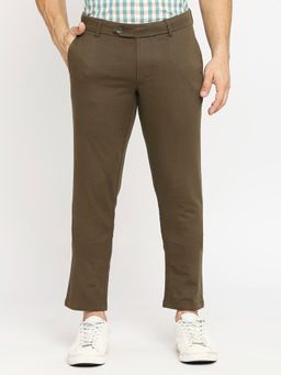 BASICS - Straight Fit Dark Olive Green Cotton Tencel Stretch Dobby Trousers