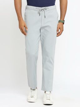 BASICS - Relaxed Fit Neutral Blue Cotton Viscose Stretch Dobby Trousers