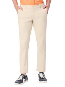 BASICS - Straight Fit Safari Beige Cotton Stretch Dobby Trousers