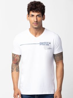 Spykar - White V Neck Half Sleeves Blended T-Shirt For Men