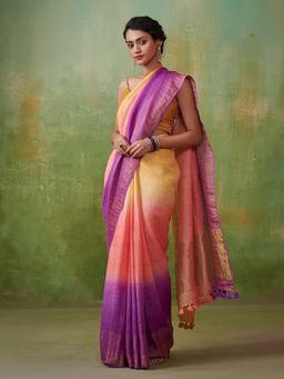 Dressfolk - ombre with coral pink yellow and voilet handwoven linen saree Without blouse