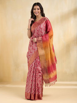 Fabindia - Red Silk Hand Block Print Saree Without Blouse