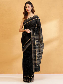 Fabindia - Black Cotton Silk Blend Hand Block Print Saree Without Blouse