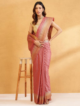Fabindia - Coral Silk Blend Hand Block Print Saree Without Blouse