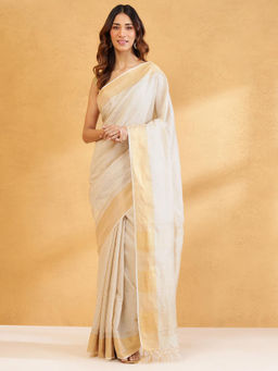 Fabindia - Natural Silk Blend Hand Block Print Saree Without Blouse