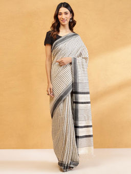 Fabindia - Natural Silk Blend Hand Block Print Saree Without Blouse