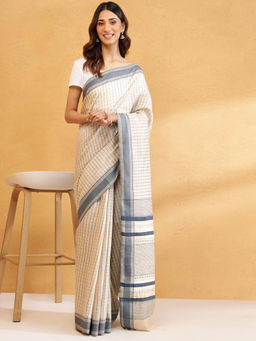 Fabindia - Natural Silk Blend Hand Block Print Saree Without Blouse