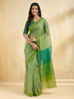 Fabindia - Green Cotton Silk Hand Block Print Saree Without Blouse