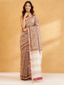 Fabindia - Beige Cotton Silk Blend Hand Block Print Saree Without Blouse