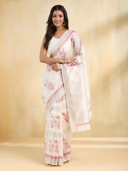 Fabindia - Natural Cotton Silk Blend Hand Block Print Saree Without Blouse