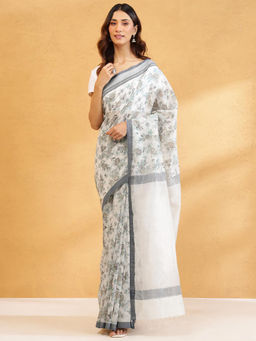 Fabindia - White Cotton Silk Blend Hand Block Print Saree Without Blouse