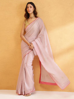Fabindia - Pink Cotton Silk Metallic Embroideries Saree Without Blouse