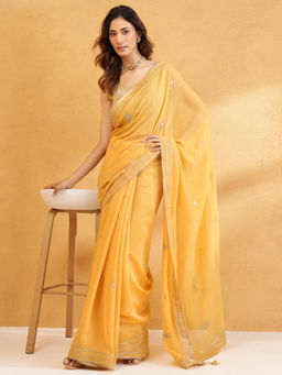 Fabindia - Yellow Cotton Silk Metallic Embroideries Saree Without Blouse