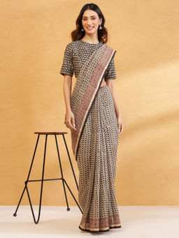 Fabindia - Beige Cotton Silk Blend Hand Block Print Saree Without Blouse