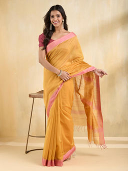 Fabindia - Mustard Cotton Silk Blend Maheshwari Saree Without Blouse