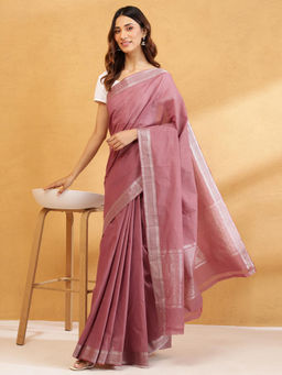 Fabindia - Pink Cotton Hand Woven Saree Without Blouse