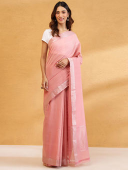 Fabindia - Pink Cotton Hand Woven Saree Without Blouse