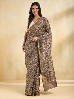 Fabindia - Brown Cotton Silk Blend Dabu Saree Without Blouse