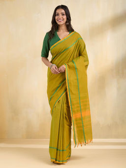 Fabindia - Green Cotton Saree Without Blouse