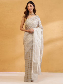Fabindia - Beige Silk Blend Saree Without Blouse