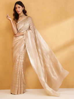 Fabindia - Beige Silk Blend Saree Without Blouse