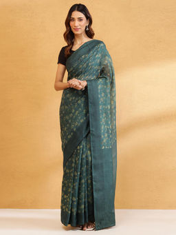 Fabindia - Green Silk Hand Block Printed Saree Without Blouse