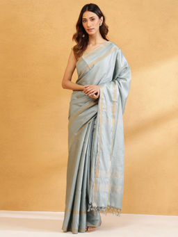 Fabindia - Sea Green Silk Blend Saree Without Blouse