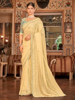 Odette - Women Yellow Organza Embroidered Saree with Unstitched Blouse