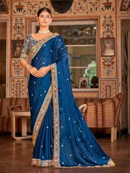 Odette - Women Dark Blue Organza Embroidered Saree with Unstitched Blouse