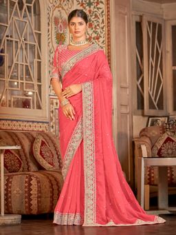 Odette - Women Pink Organza Embroidered Saree with Unstitched Blouse