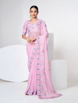 Odette - Women Pink Organza Saree with Unstitched Blouse