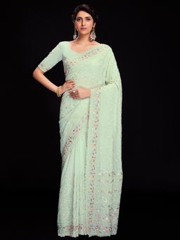 Odette - Women Sea Green Georgette Embroidered Saree with Unstitched Blouse